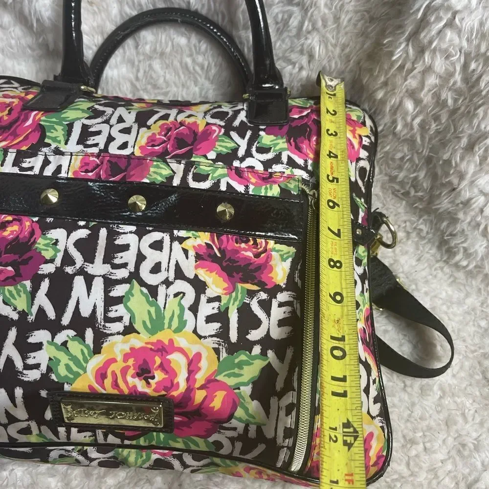 Betsey Johnson Nylon colorful large laptop shoulder bag black patent trim &strap - Picture 9 of 14